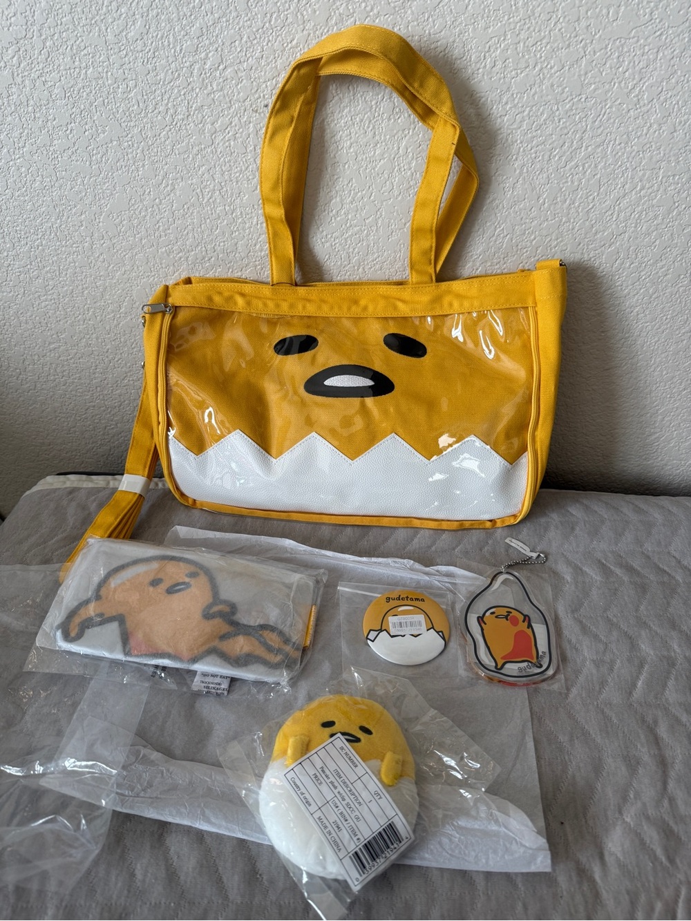 Gudetama Lazy Egg Sanrio Tote Plush Button Bundle New